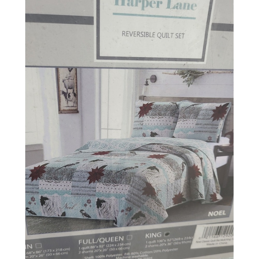 New Noel Christmas Harper Lane Reversible Quilt Set  King Size ~1 Quilt ~2 Shams